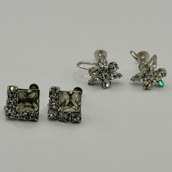 VTG Screw-Back Earring Lot x2 | Rhinestone | Geometric & Floral Sparkle - Picture 1 of 9